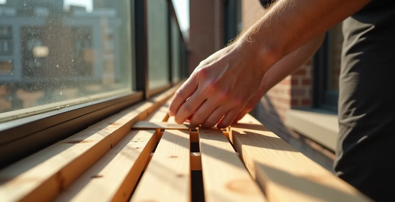 Brise-vue moderne en lattes de cèdre horizontales sur balcon urbain avec vue sur la ville