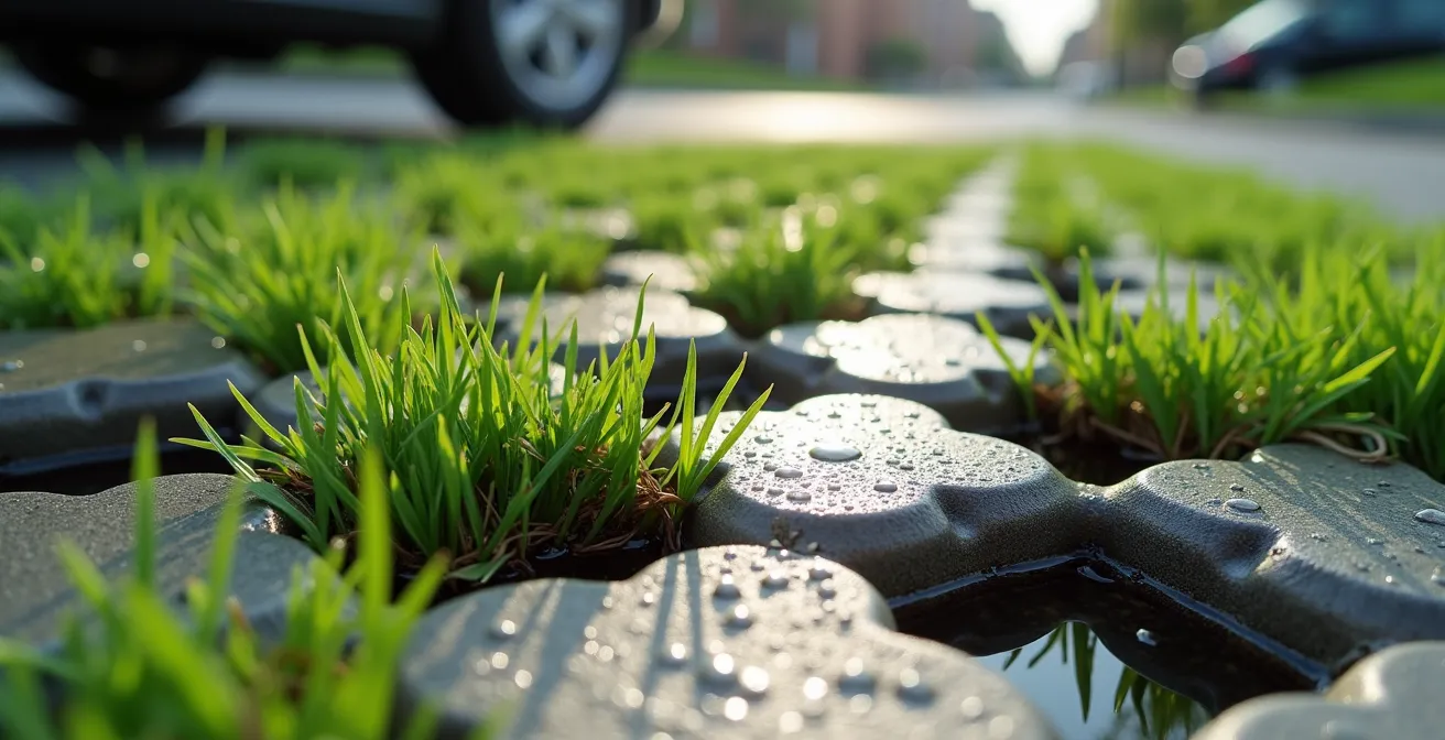 Pavés alvéolés avec herbe dans une entrée de garage montréalaise