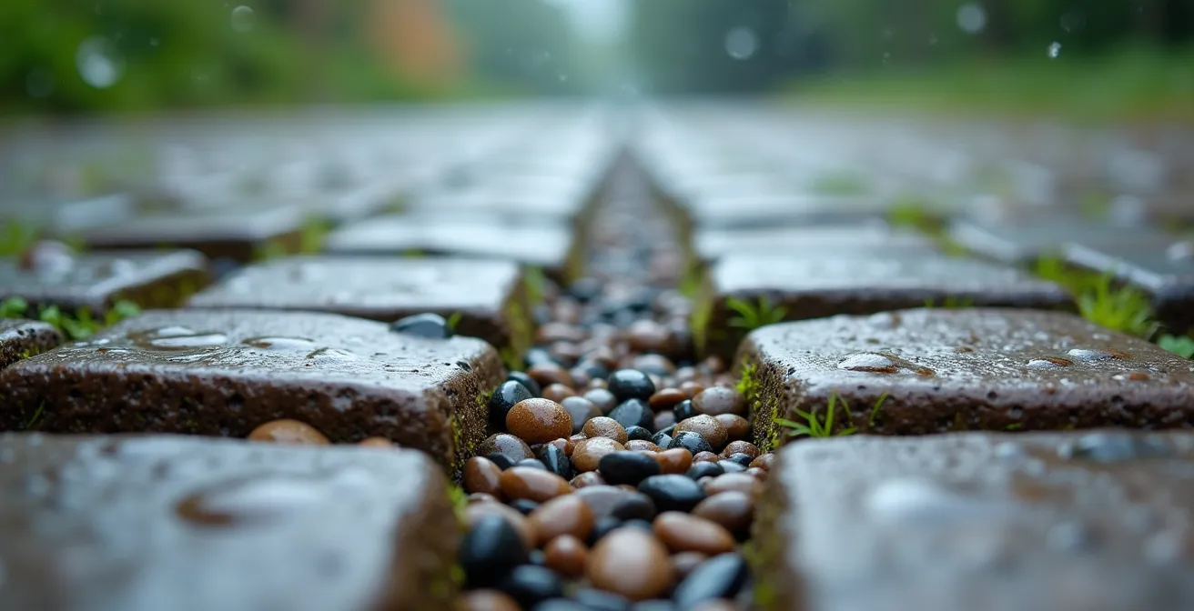 Gros plan macro sur des pavés perméables montrant l'eau qui s'infiltre entre les joints