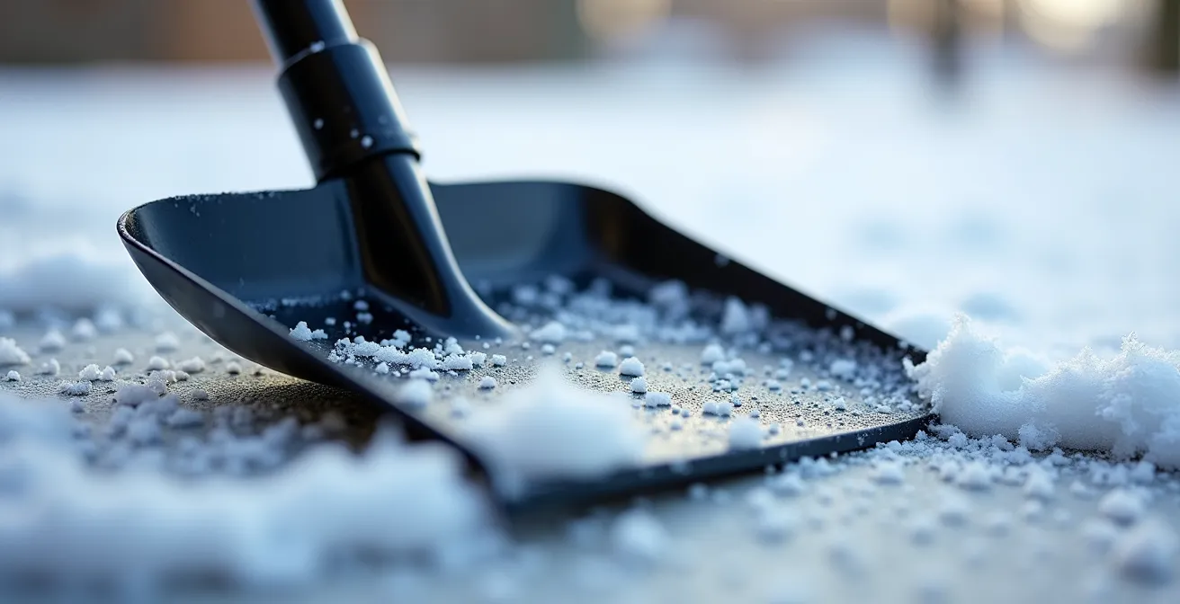 Gros plan d'une pelle en plastique PEHD posée sur une membrane élastomère avec couche protectrice de neige