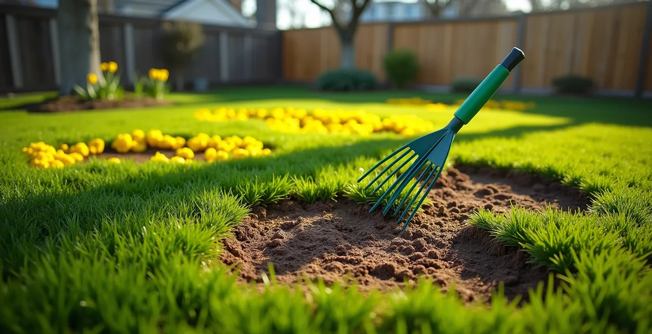 Vue aérienne d'une pelouse québécoise en réparation avec zones de terreautage et nouvelle semence