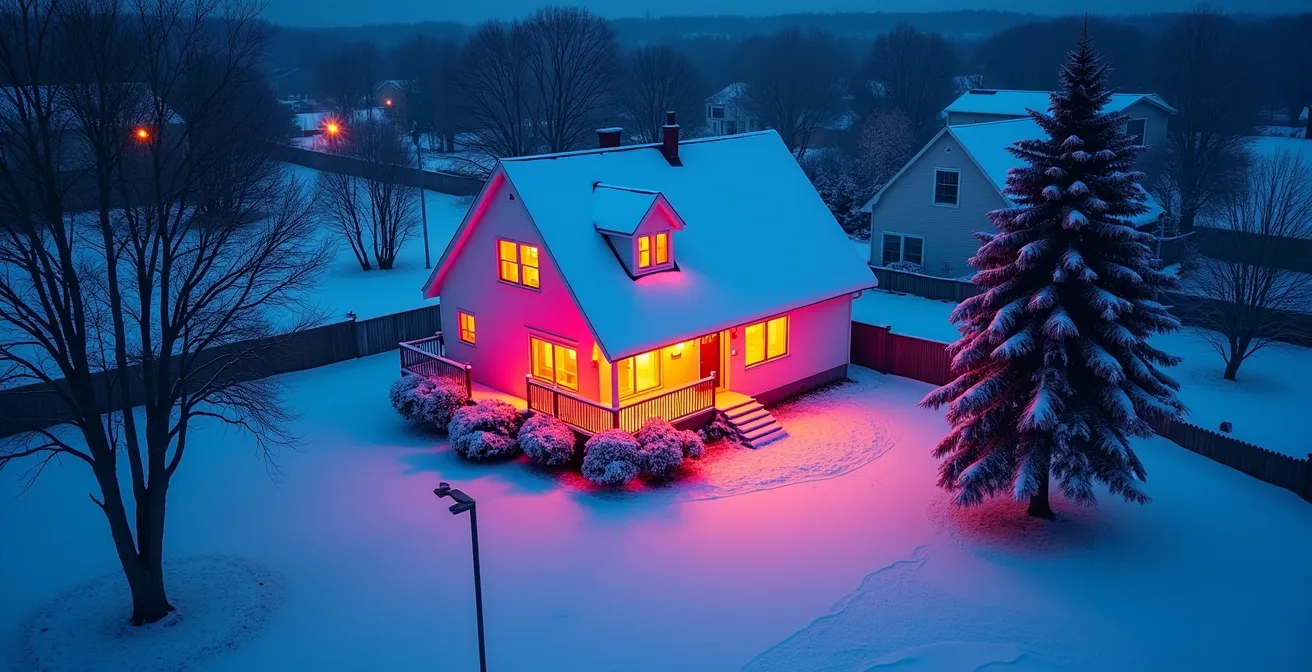 Vue thermographique d'une maison québécoise montrant les zones de déperdition de chaleur