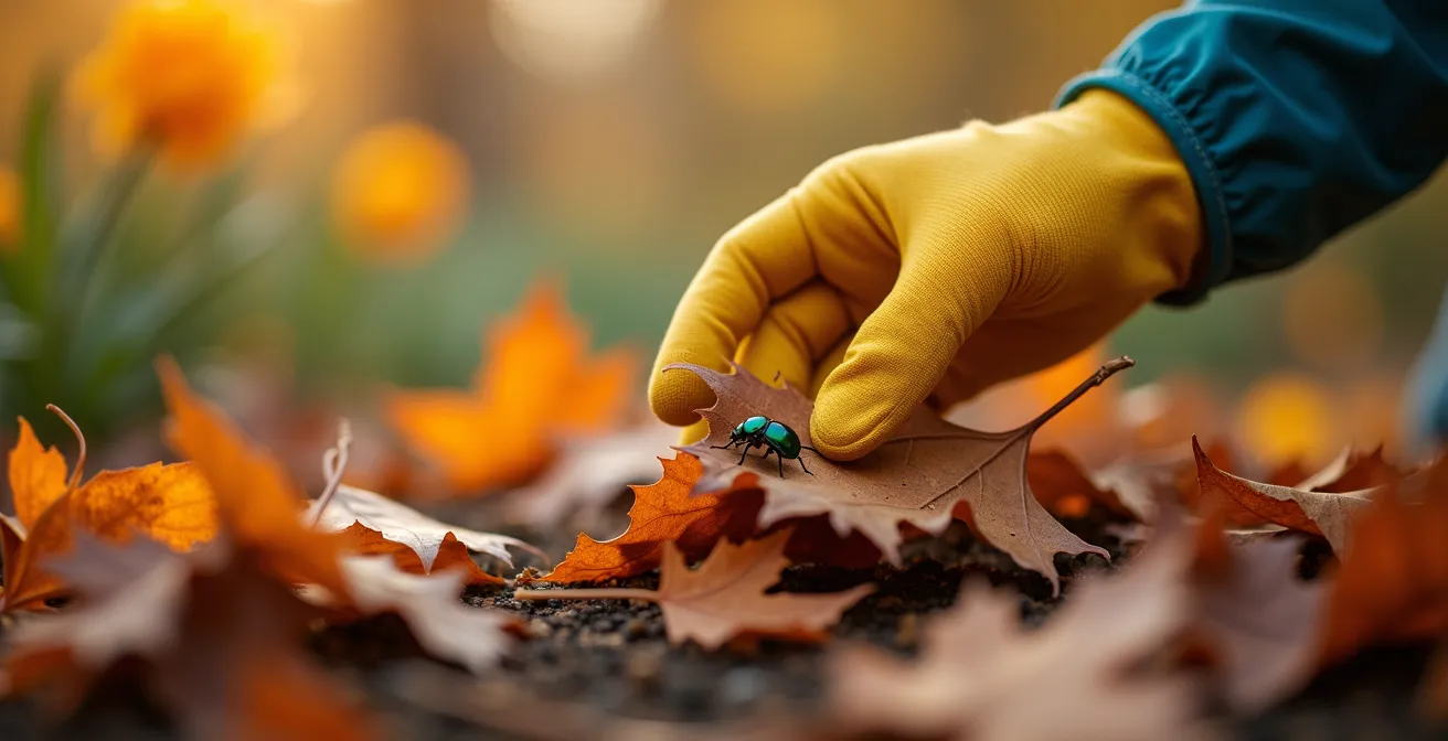 Main gantée soulevant délicatement une couche de feuilles mortes dans une plate-bande pour révéler la faune qui s'y abrite.
