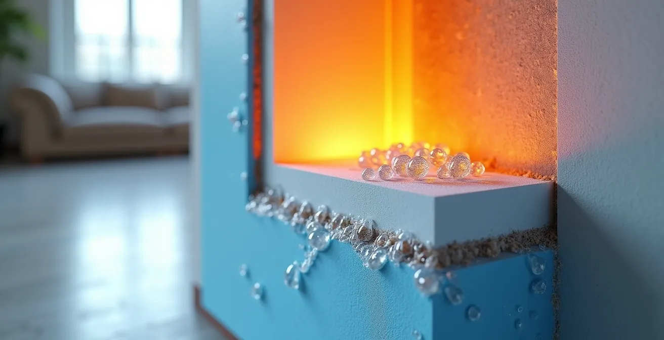 Vue en coupe d'un mur montrant les zones de pont thermique et la formation de condensation