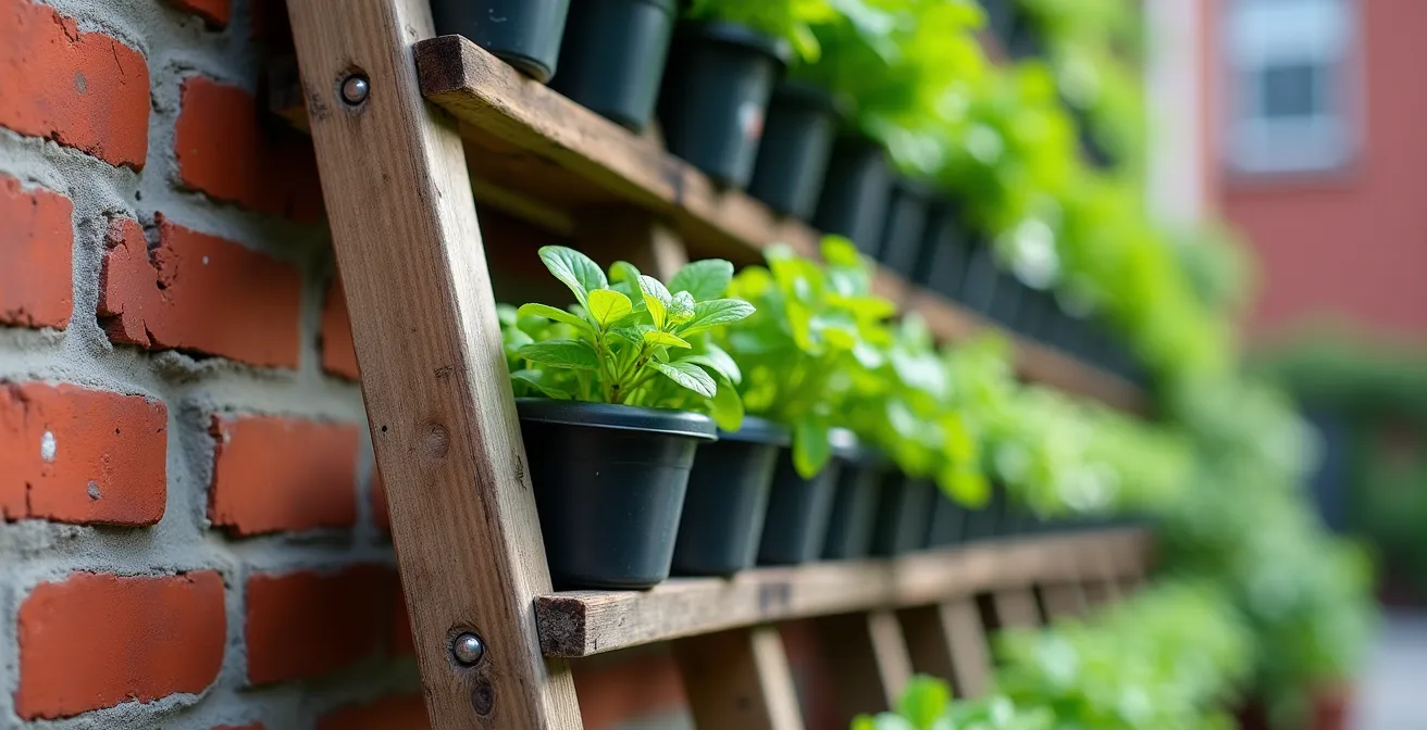 Structure autoportante en bois avec jardinières étagées contre un mur de briques rouges typique du Plateau Mont-Royal
