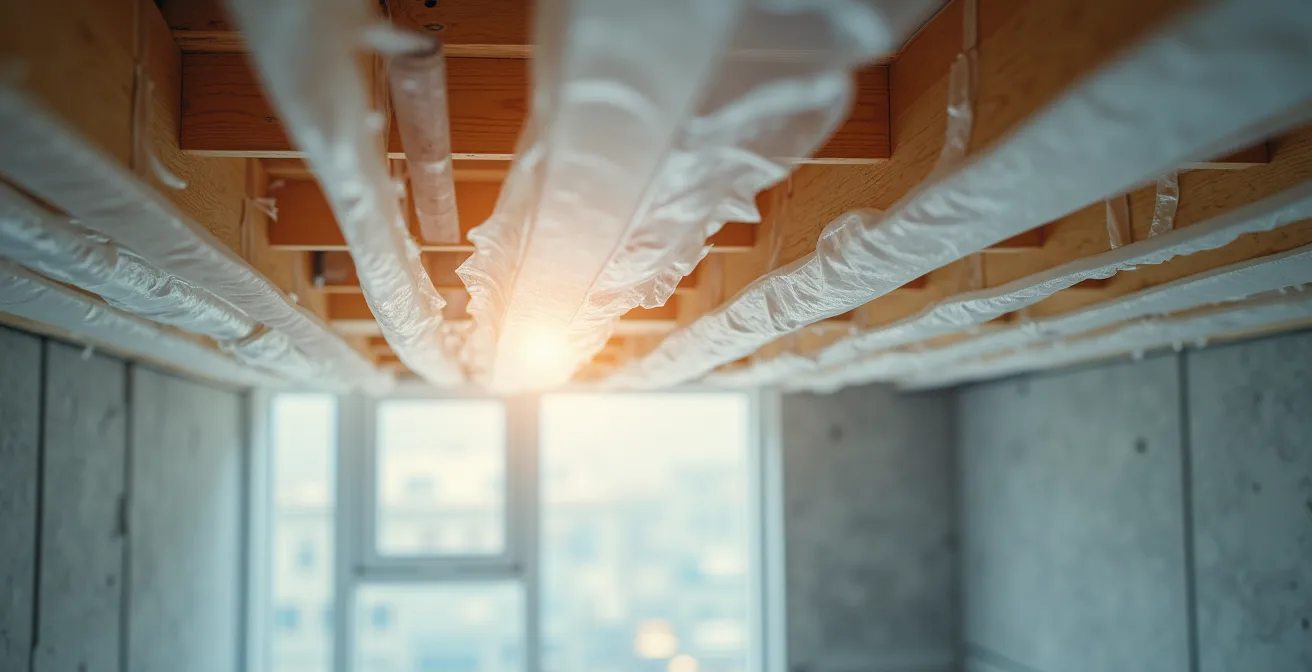 Sous-sol en préparation avec plastique de protection et équipements couverts avant application d'uréthane