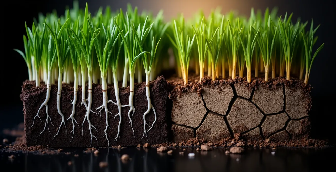 Système racinaire du gazon montrant l'impact du stress hydrique et de l'engrais