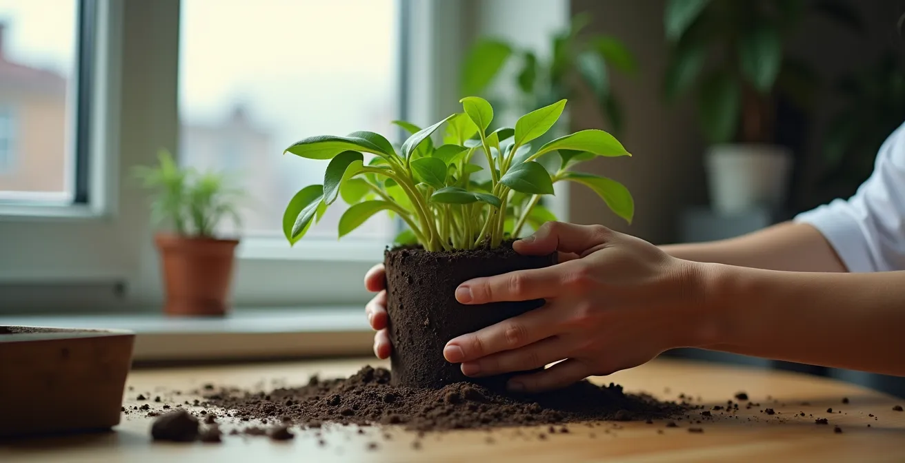 Mains gantées inspectant les racines d'une plante lors d'un rempotage d'urgence