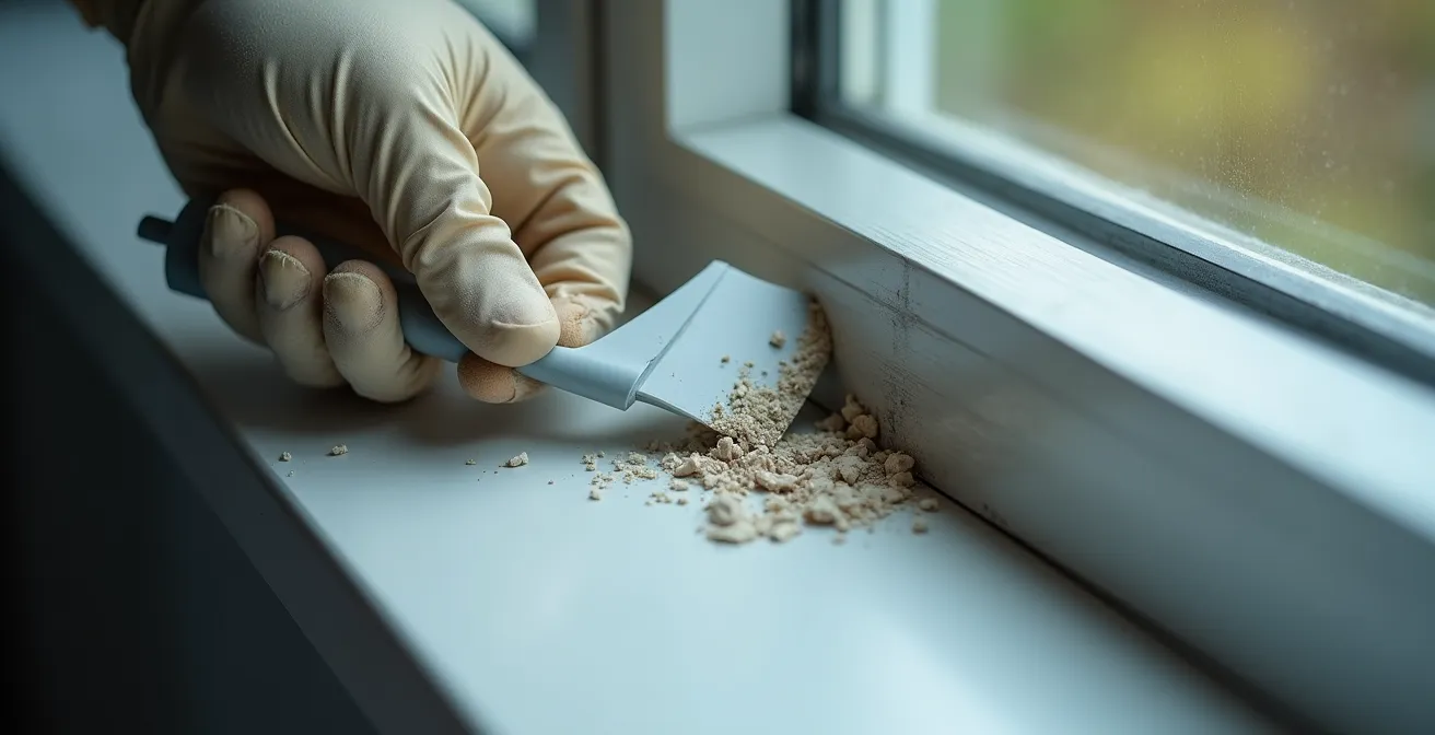 Gros plan sur une main utilisant un grattoir en plastique pour retirer délicatement le vieux scellant