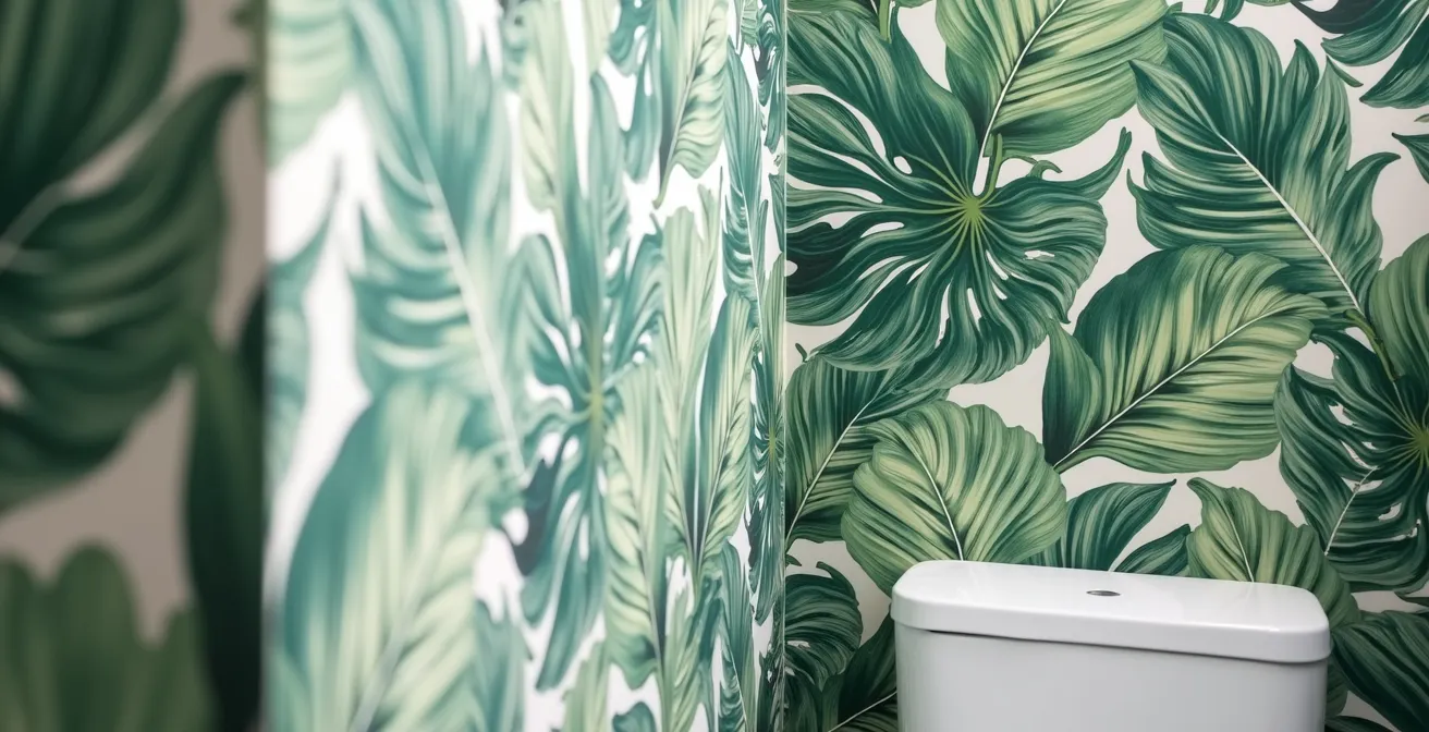 Petite salle d'eau avec papier peint tropical à grandes feuilles créant une illusion d'espace