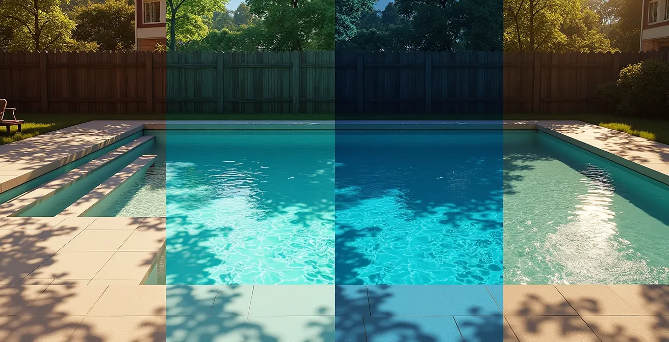 Vue aérienne d'une simulation d'ombres sur une piscine à différents moments de la journée