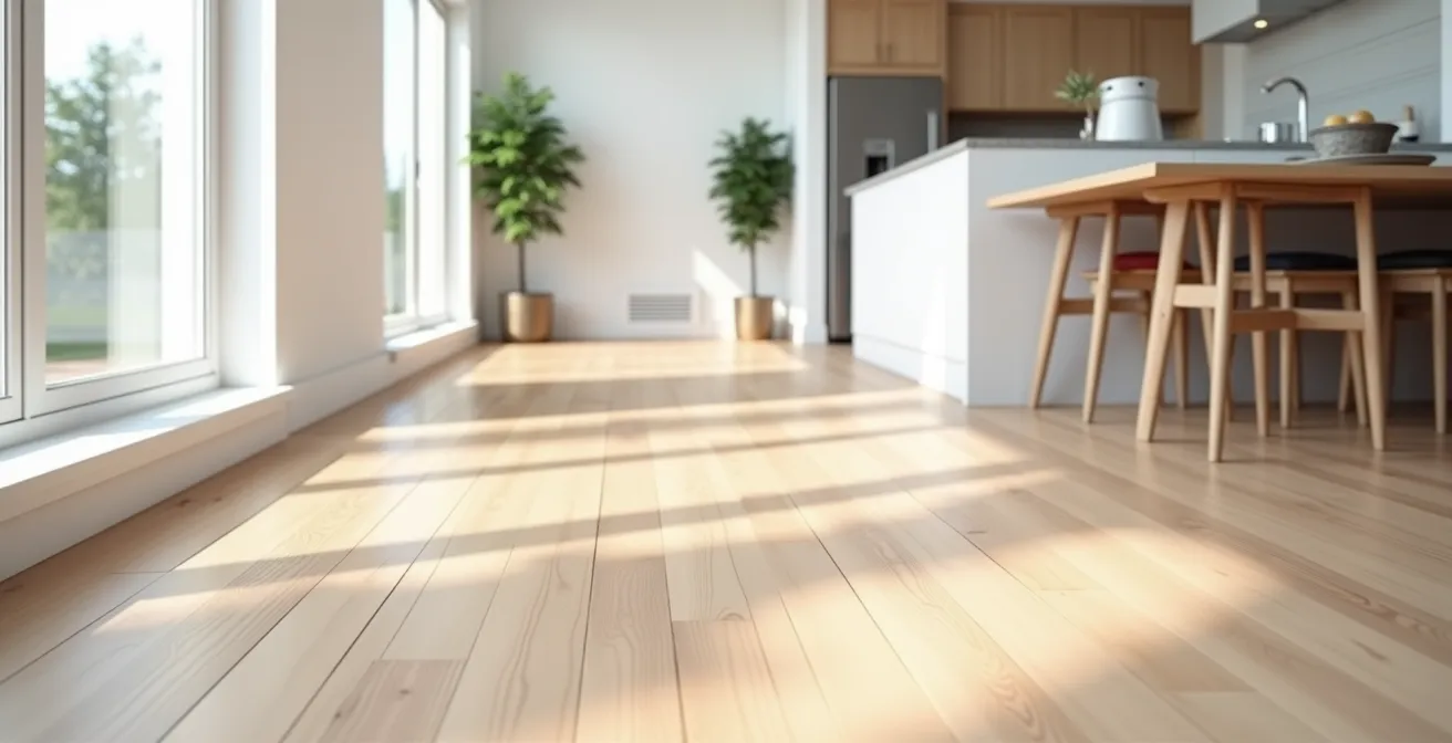 Vue d'ensemble d'un condo montréalais avec sol uniforme entre cuisine et salon créant une continuité visuelle