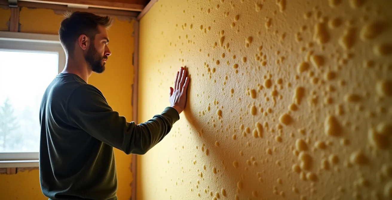 Mur de sous-sol avec isolation à l'uréthane giclé complétée montrant la texture uniforme de la mousse