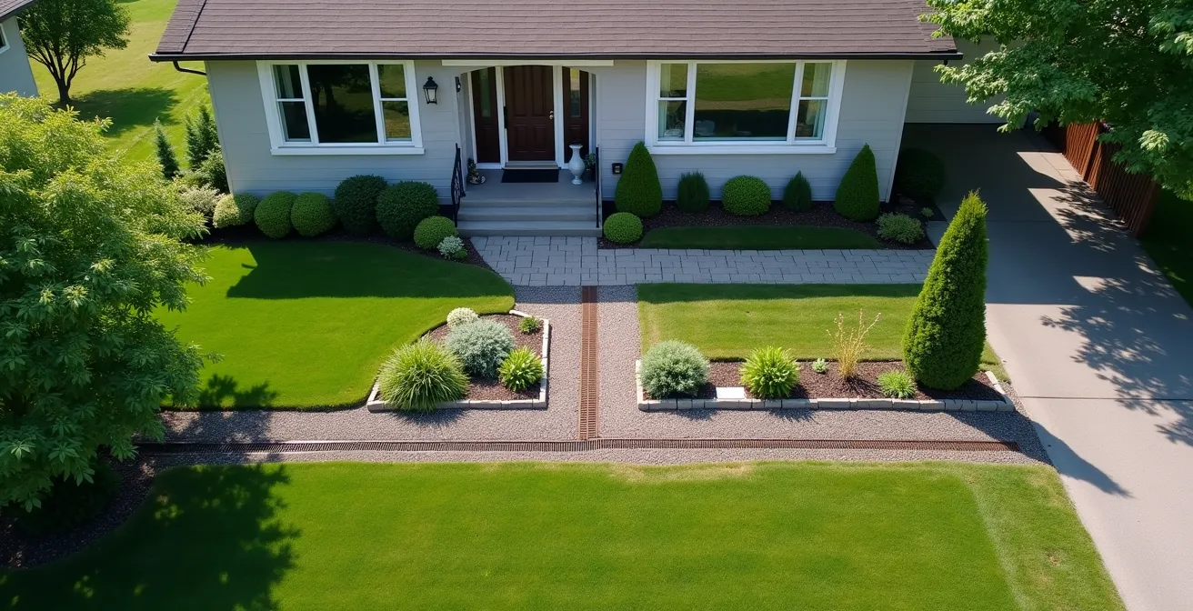 Vue aérienne d'un système de drainage résidentiel avec jardin de pluie et puits de captage