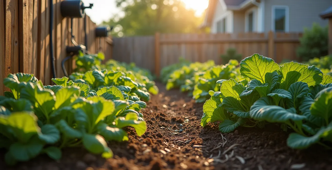 Vue d'ensemble d'un jardin avec système d'irrigation goutte-à-goutte installé sous paillis, minuterie visible