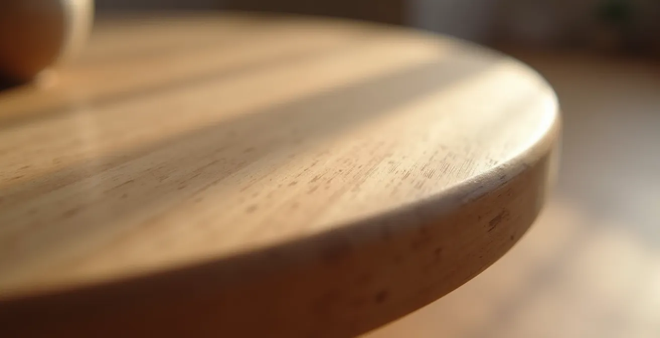 Gros plan sur une table basse ronde en bois d'érable dans un salon québécois