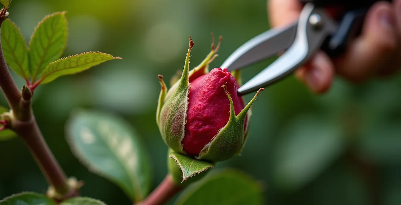 Vue macro d'un sécateur coupant une branche de rosier morte au-dessus d'un bourgeon rouge sain