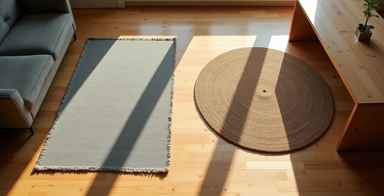 Vue aérienne d'un salon montréalais montrant deux tapis distincts délimitant les espaces salon et salle à manger