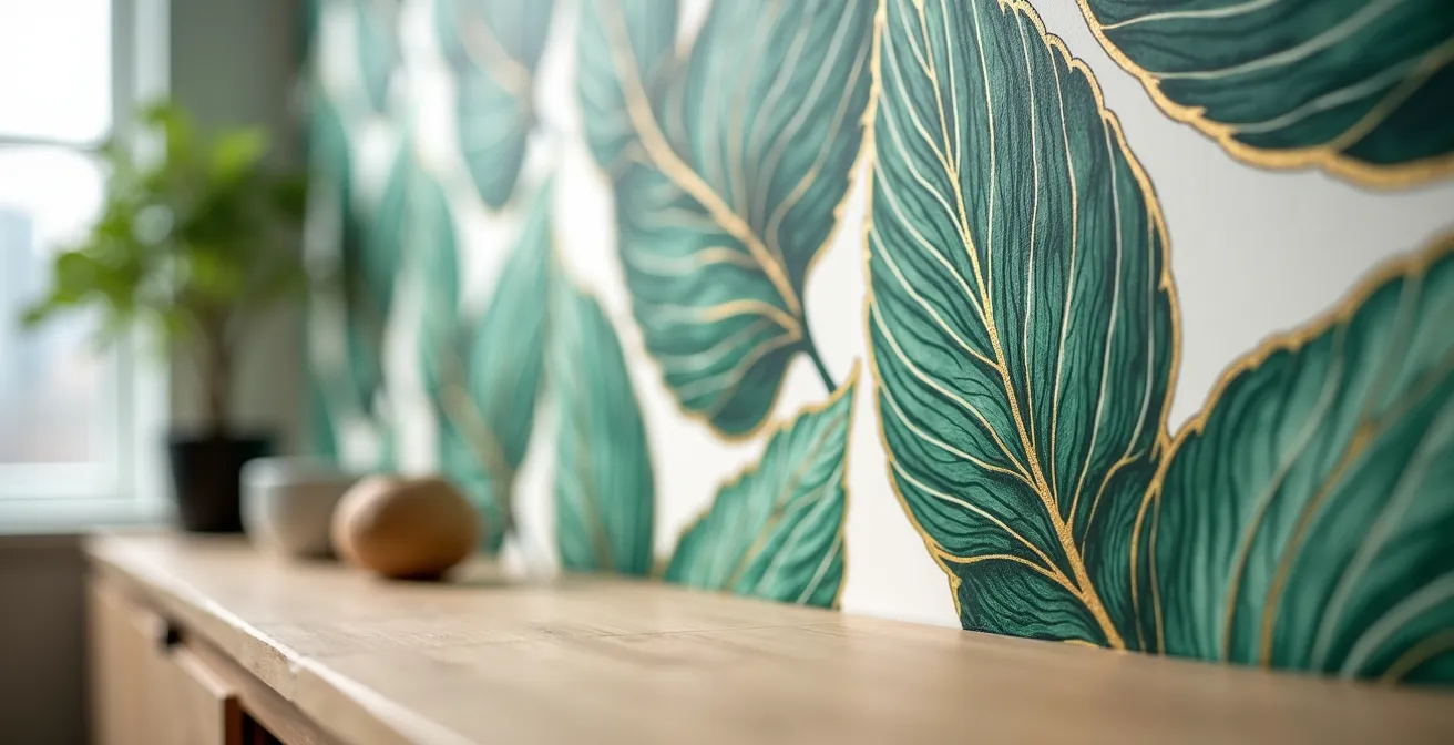 Murale botanique moderne dans un salon de duplex montréalais