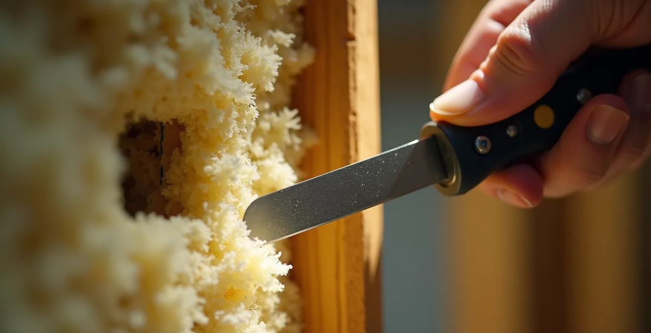Mains d'artisan découpant précisément de la laine de roche autour d'un boîtier électrique étanche