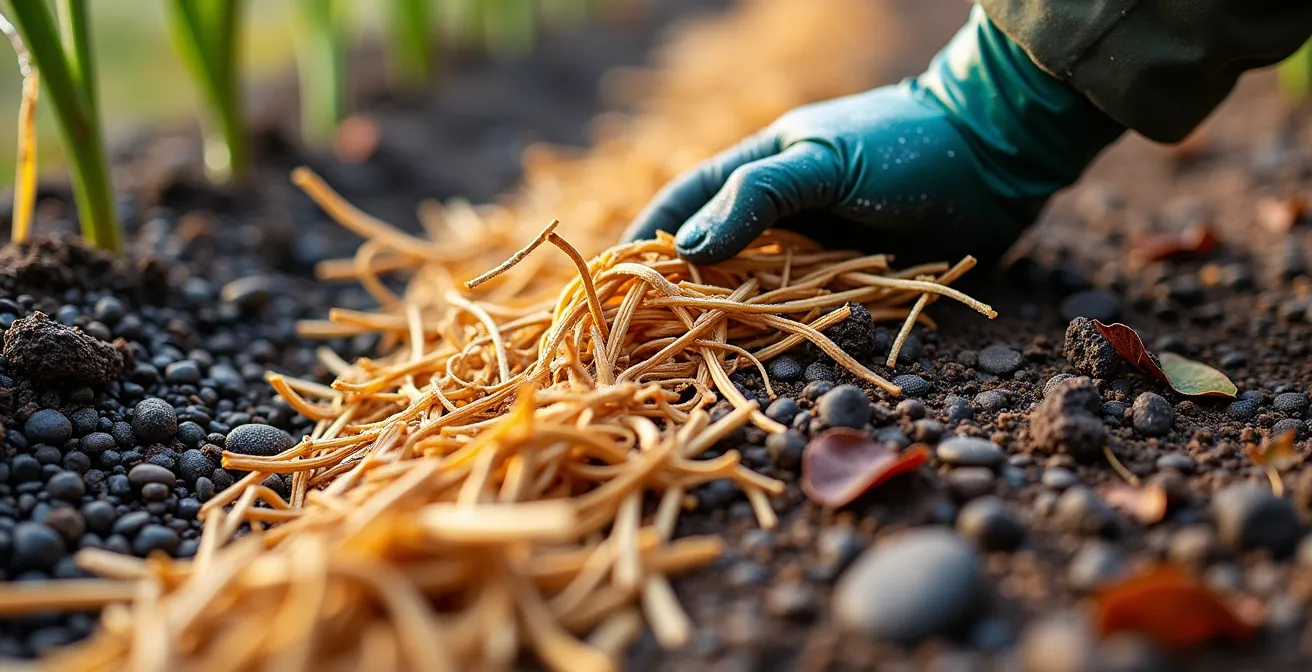 Vue en coupe d'un massif montrant différents types de paillis adaptés à chaque plante vivace