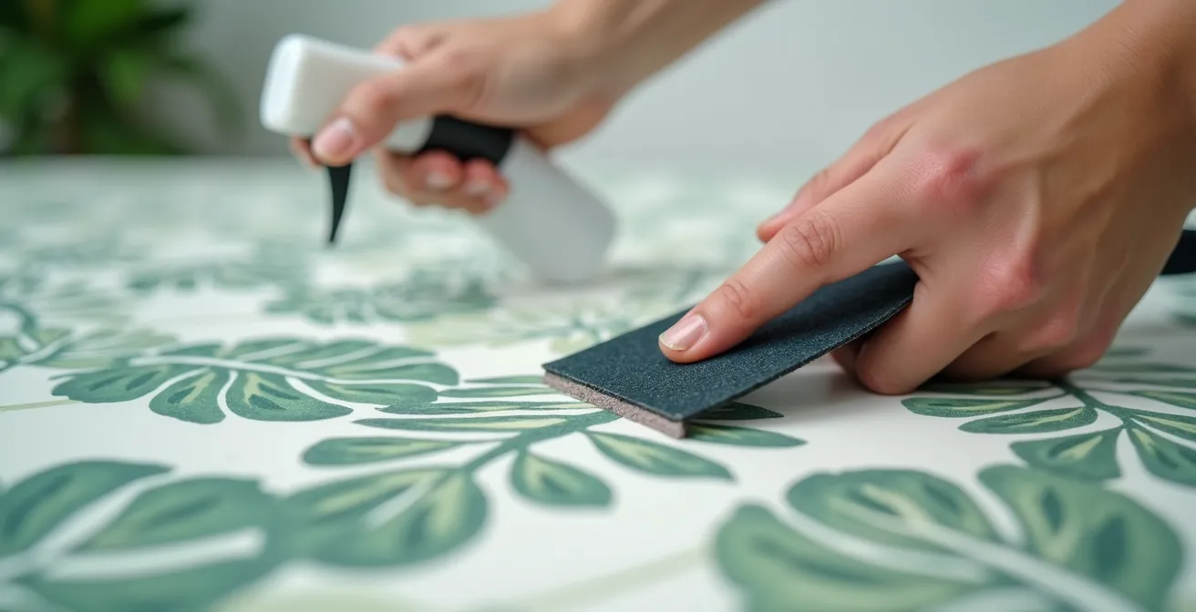 Mains appliquant délicatement du papier peint botanique avec une raclette pour chasser les bulles d'air