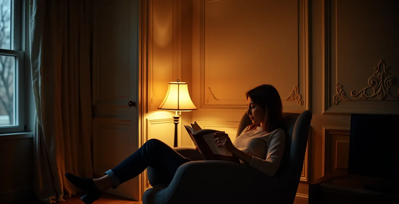 Lampadaire torche projetant lumière vers plafond haut dans coin salon victorien