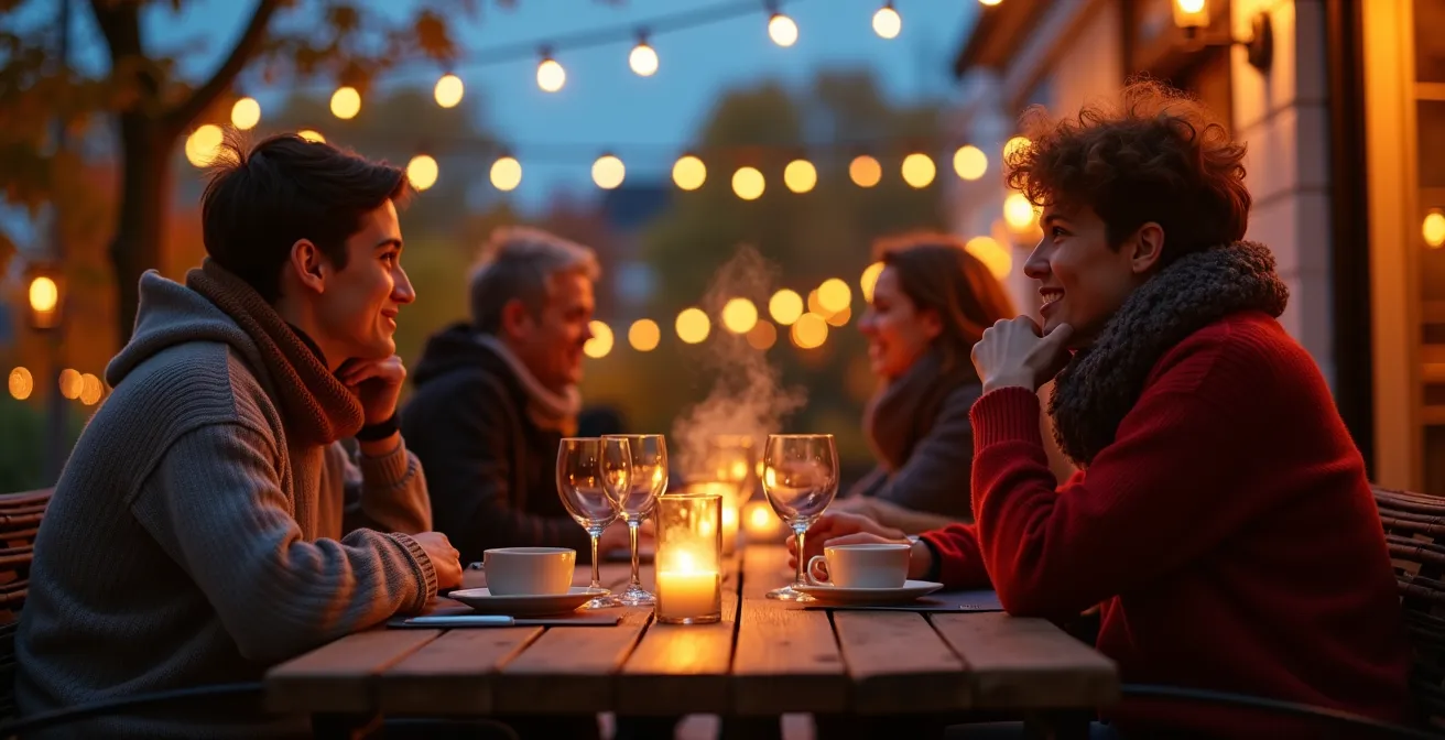 Terrasse montréalaise en soirée d'automne avec chauffage infrarouge créant une ambiance chaleureuse