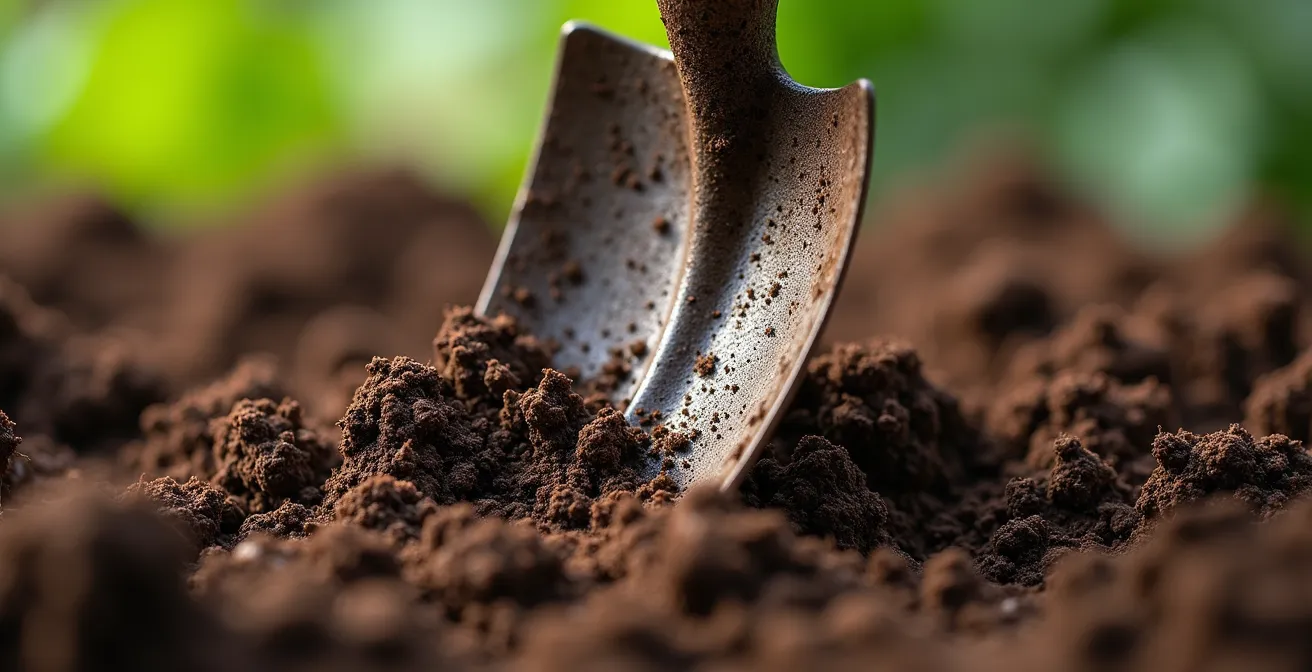 Gros plan sur une bêche enfoncée dans le sol montrant différentes couches de terre et leur compaction
