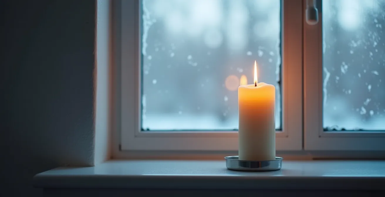 Vue latérale d'une bougie près d'une fenêtre montrant la flamme qui bouge