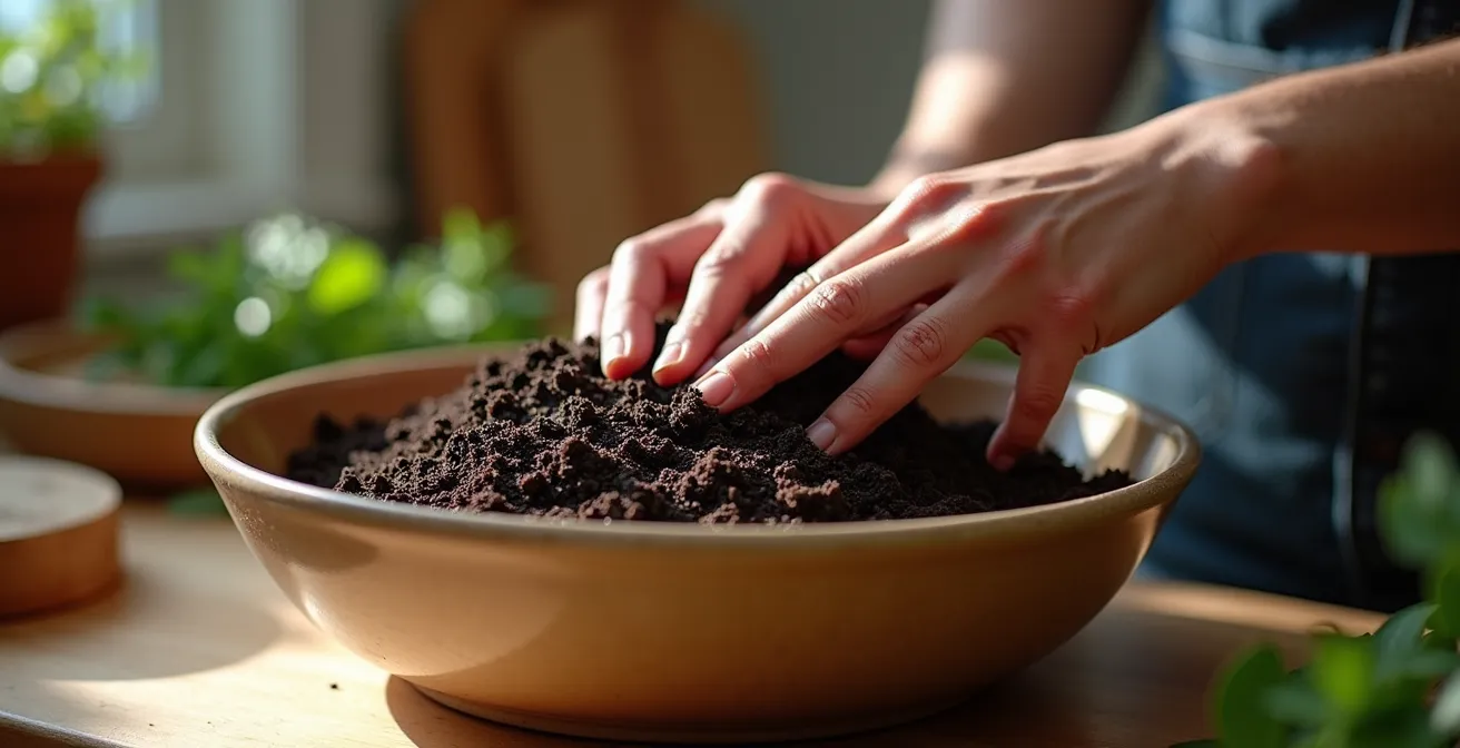 Main pressant une poignée de compost pour tester l'humidité dans une cuisine montréalaise