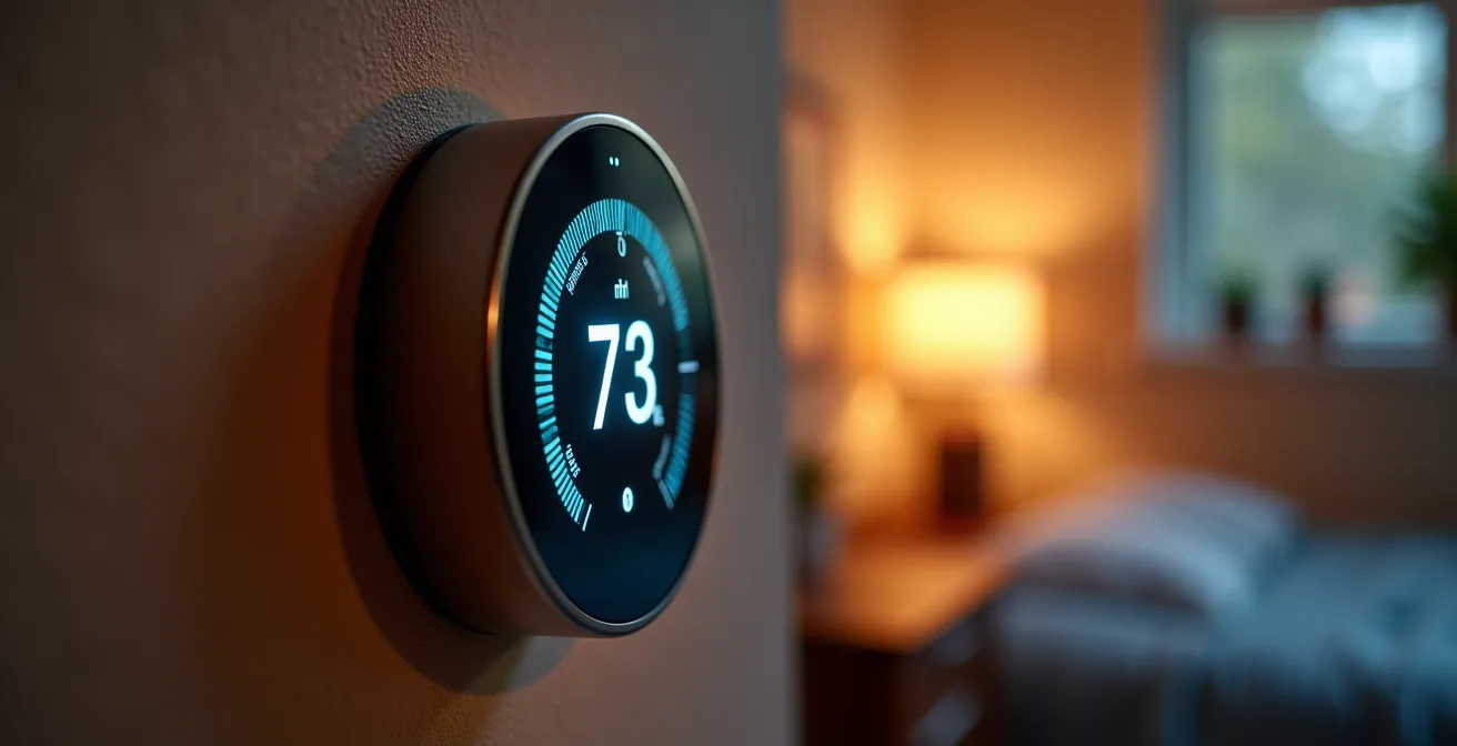 Gros plan sur un thermostat intelligent moderne montrant un graphique de température programmée pour la nuit et le matin