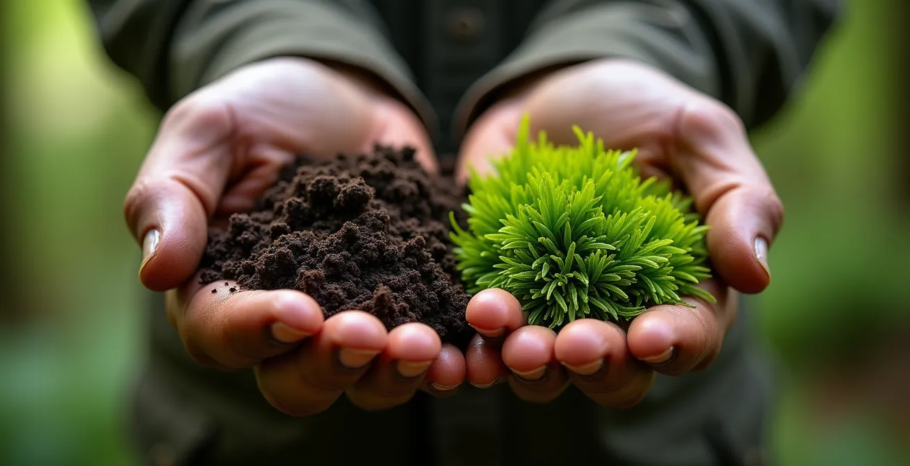 Vue aérienne d'une tourbière québécoise montrant l'extraction et la régénération naturelle