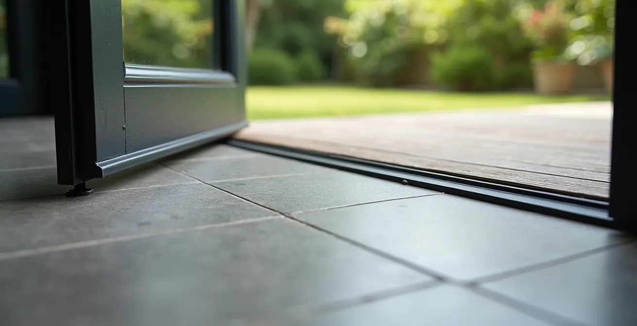 Vue rapprochée d'une transition sans joint entre carrelage intérieur et dalles extérieures sur plots