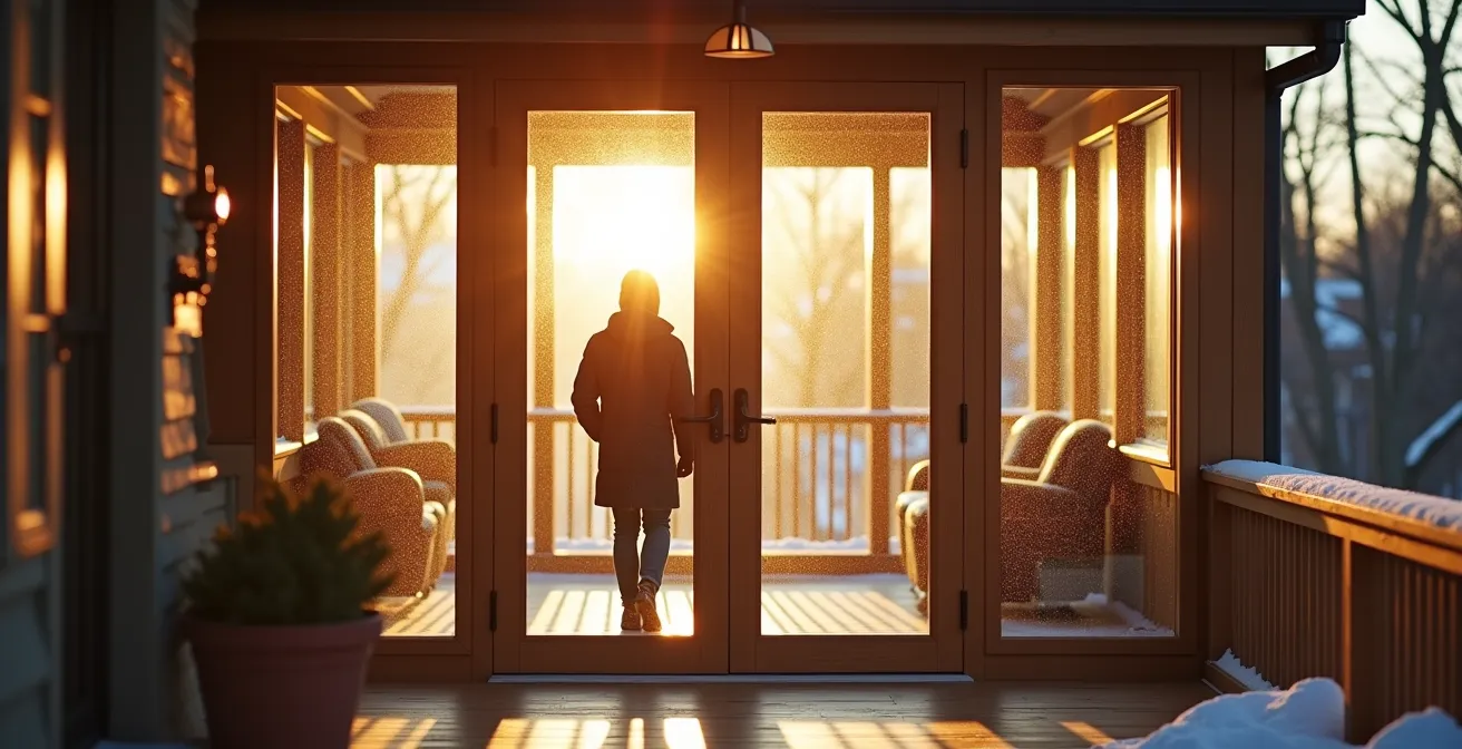 Verrière d'entrée vitrée agissant comme espace tampon thermique sur une maison québécoise